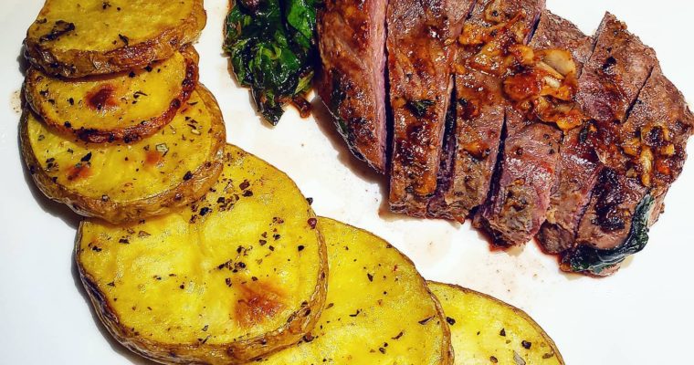 Sizzlin’ Steak with Sautéed Spinach & Crispy Baked Potato Rounds